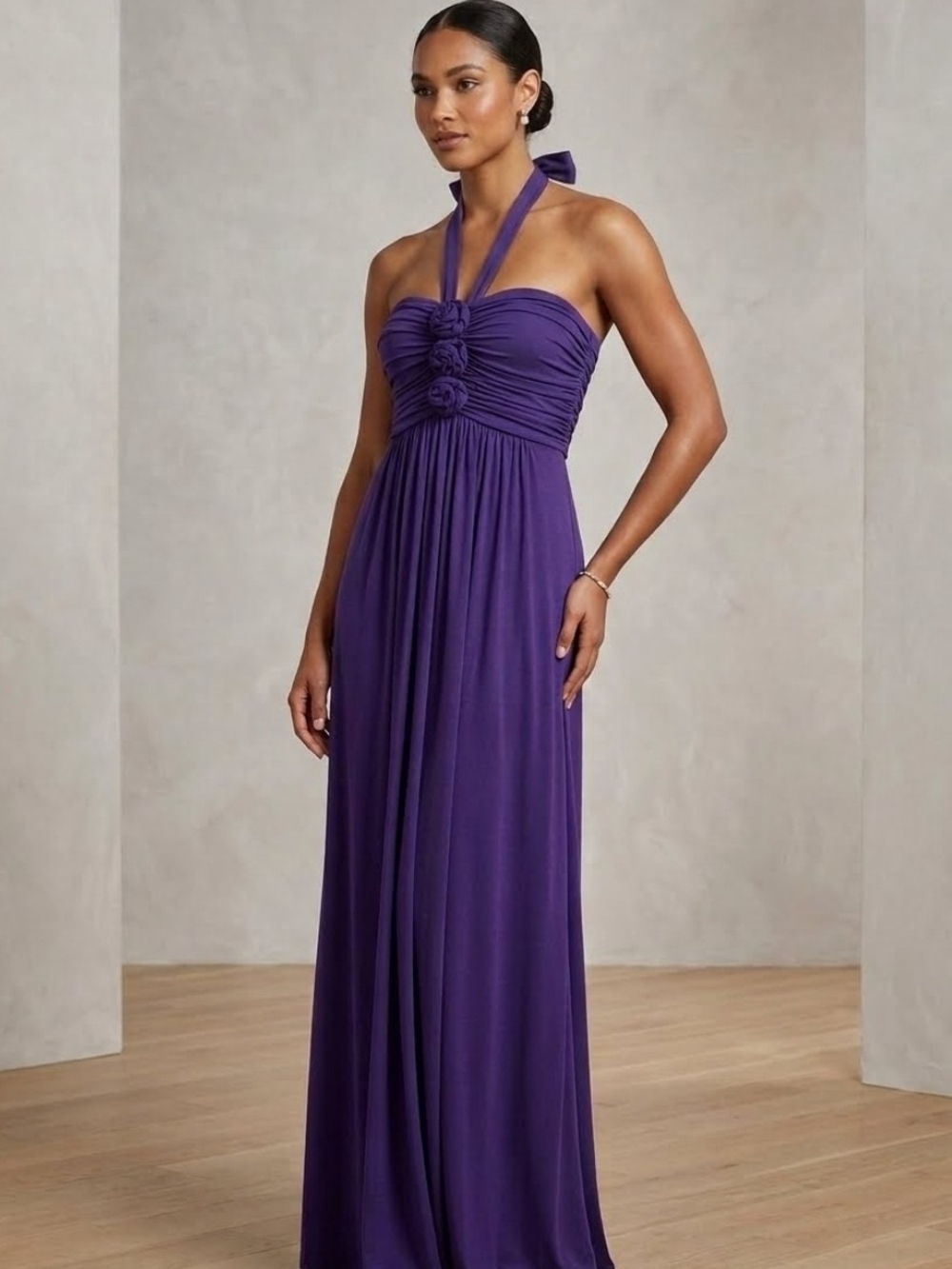 Elegant Purple Halter Empire-Waist Evening Dress